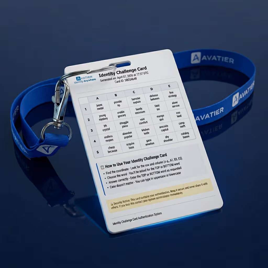 Avatier Identity Challenge Card — deviceless multi-factor authentication badge for secure login verification